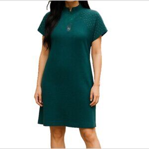 Women's Sweater Dress Dark Green NEW Size Large Studded Short Sleeves Mock Neck